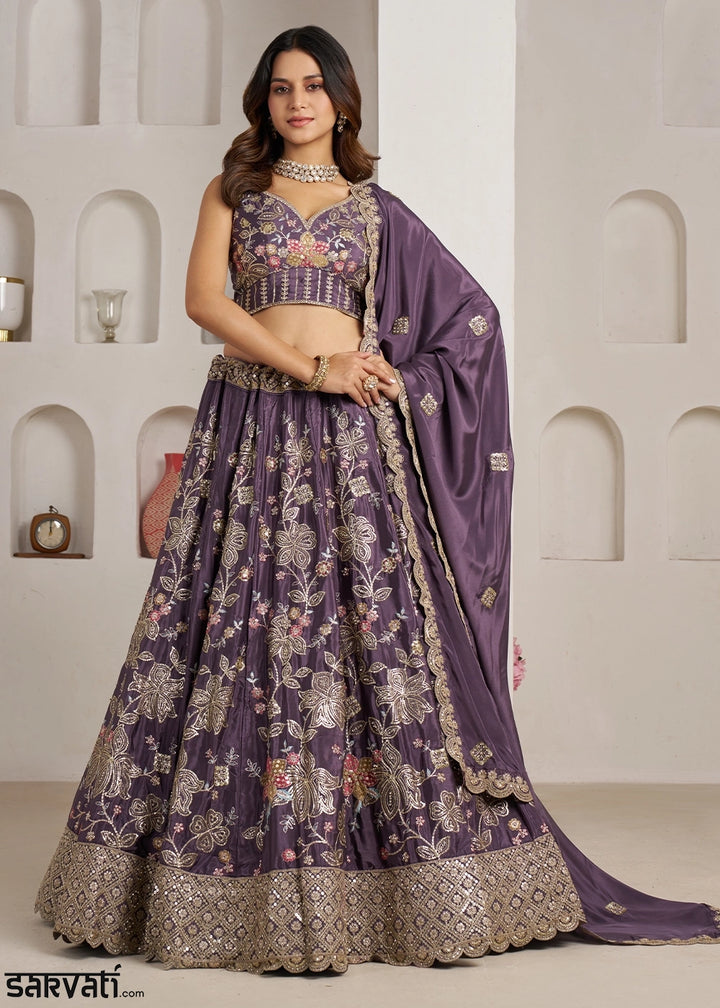 Heather Purple Crepe Silk Lehenga Choli with Golden Sequin Embroidery
