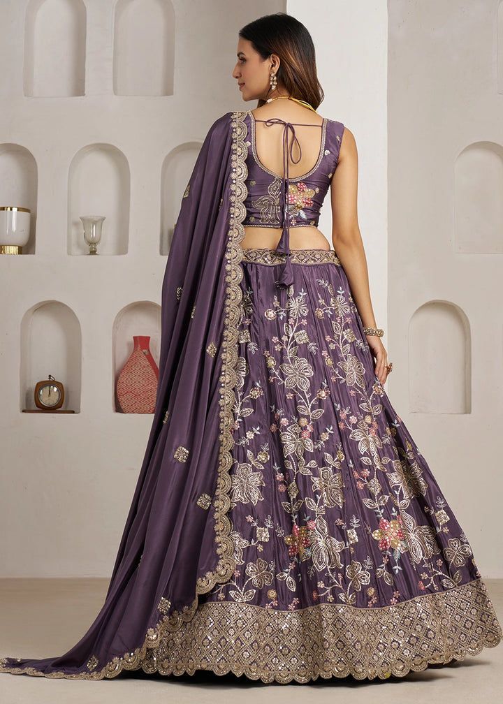 Heather Purple Crepe Silk Lehenga Choli with Golden Sequin Embroidery