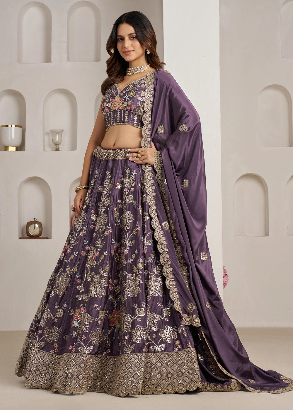 Heather Purple Crepe Silk Lehenga Choli with Golden Sequin Embroidery