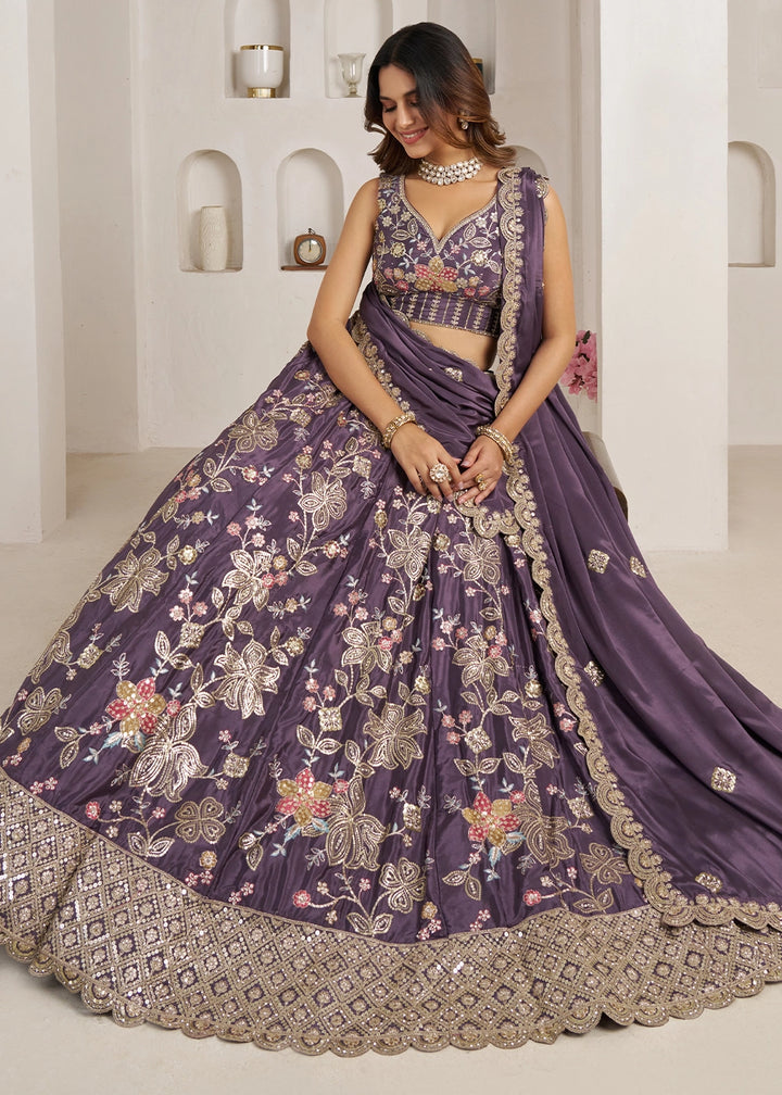 Heather Purple Crepe Silk Lehenga Choli with Golden Sequin Embroidery