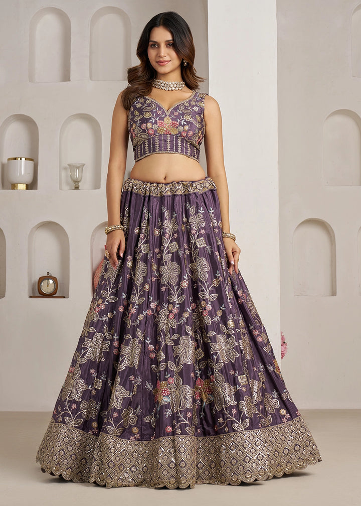 Heather Purple Crepe Silk Lehenga Choli with Golden Sequin Embroidery