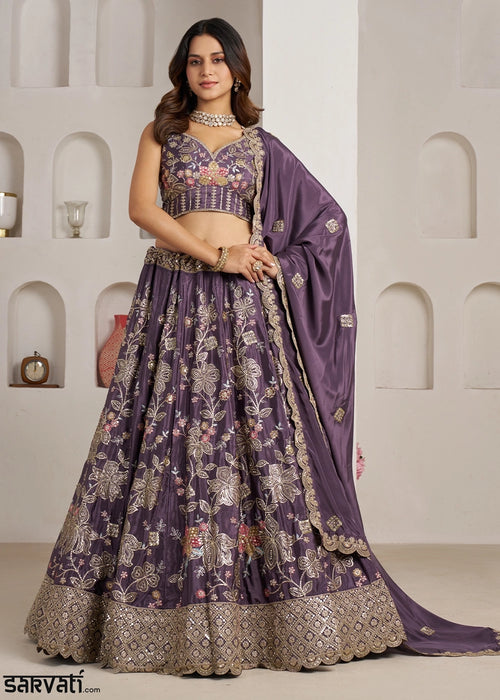 Heather Purple Crepe Silk Lehenga Choli with Golden Sequin Embroidery