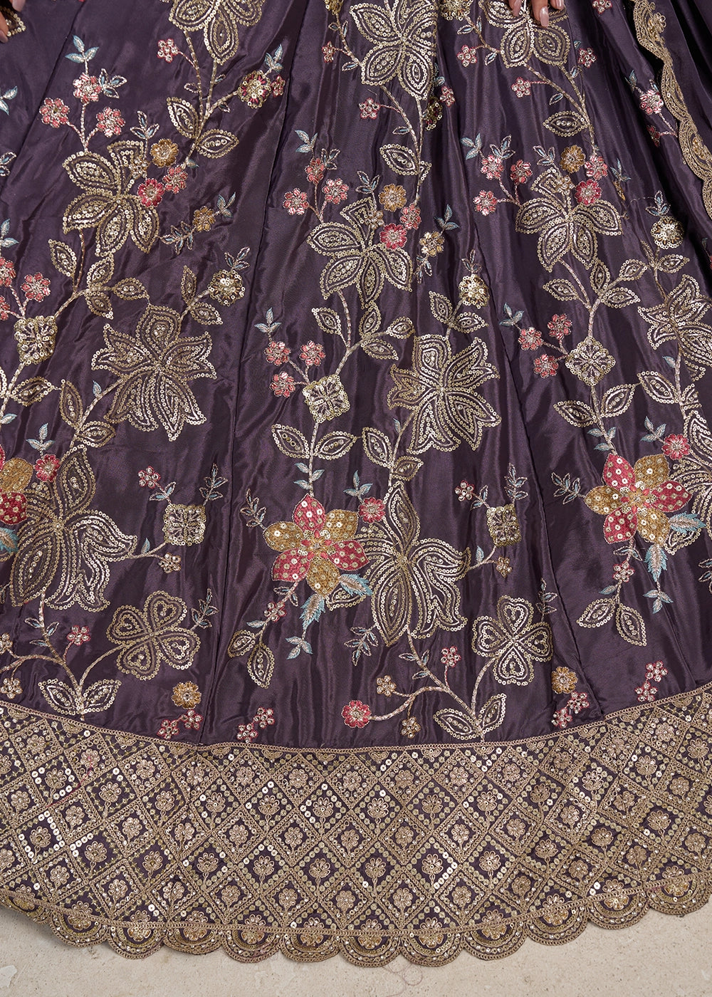 Heather Purple Crepe Silk Lehenga Choli with Golden Sequin Embroidery