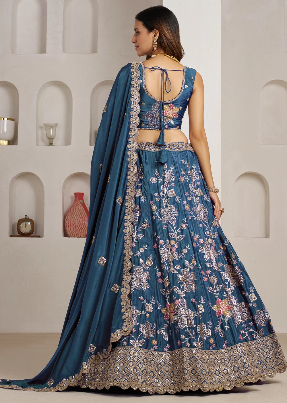 Cobalt Blue Crepe Silk Lehenga Choli with Golden Sequin Embroidery