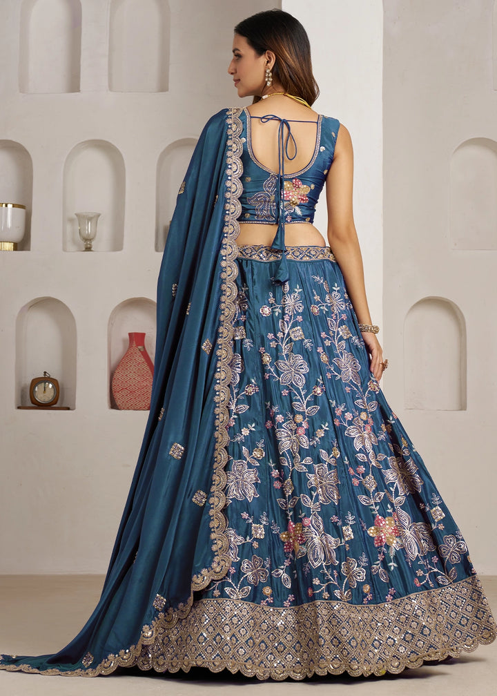 Cobalt Blue Crepe Silk Lehenga Choli with Golden Sequin Embroidery