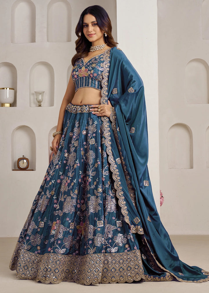 Cobalt Blue Crepe Silk Lehenga Choli with Golden Sequin Embroidery