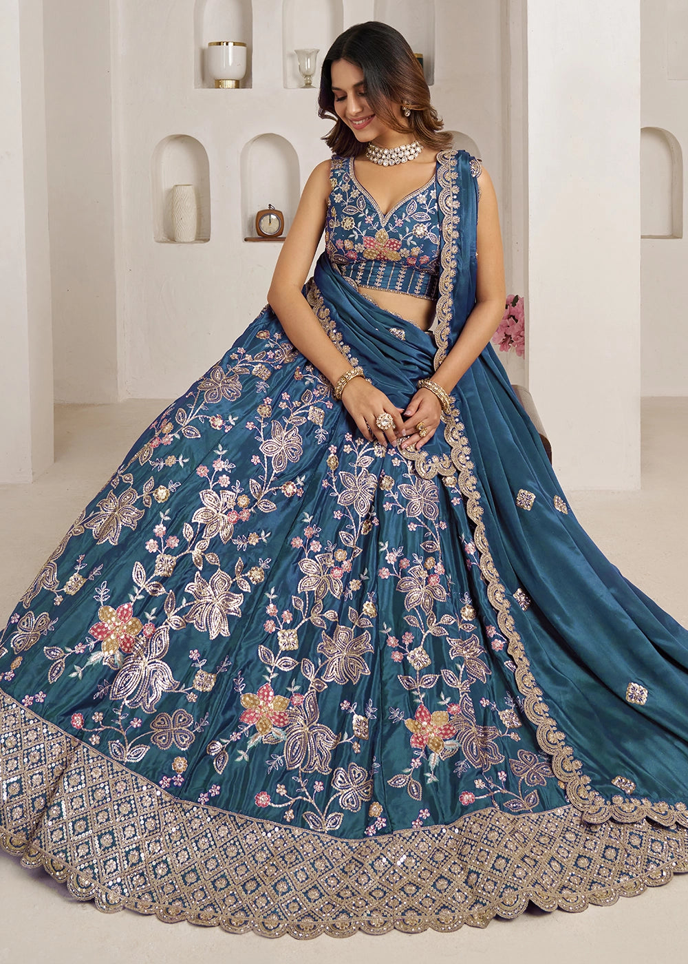 Cobalt Blue Crepe Silk Lehenga Choli with Golden Sequin Embroidery