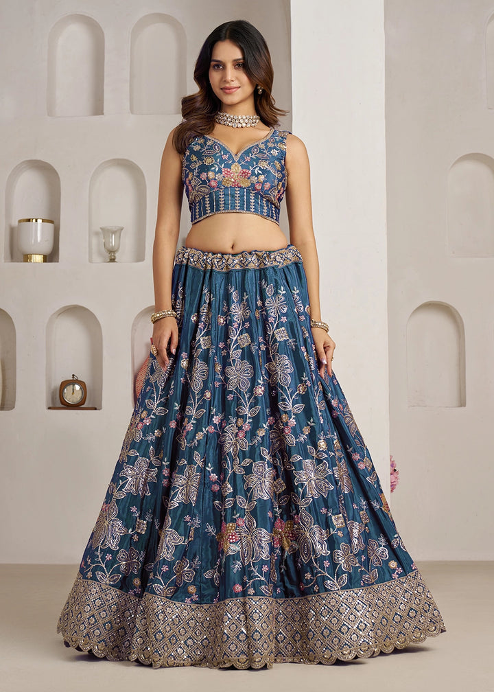 Cobalt Blue Crepe Silk Lehenga Choli with Golden Sequin Embroidery