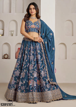 Cobalt Blue Crepe Silk Lehenga Choli with Golden Sequin Embroidery