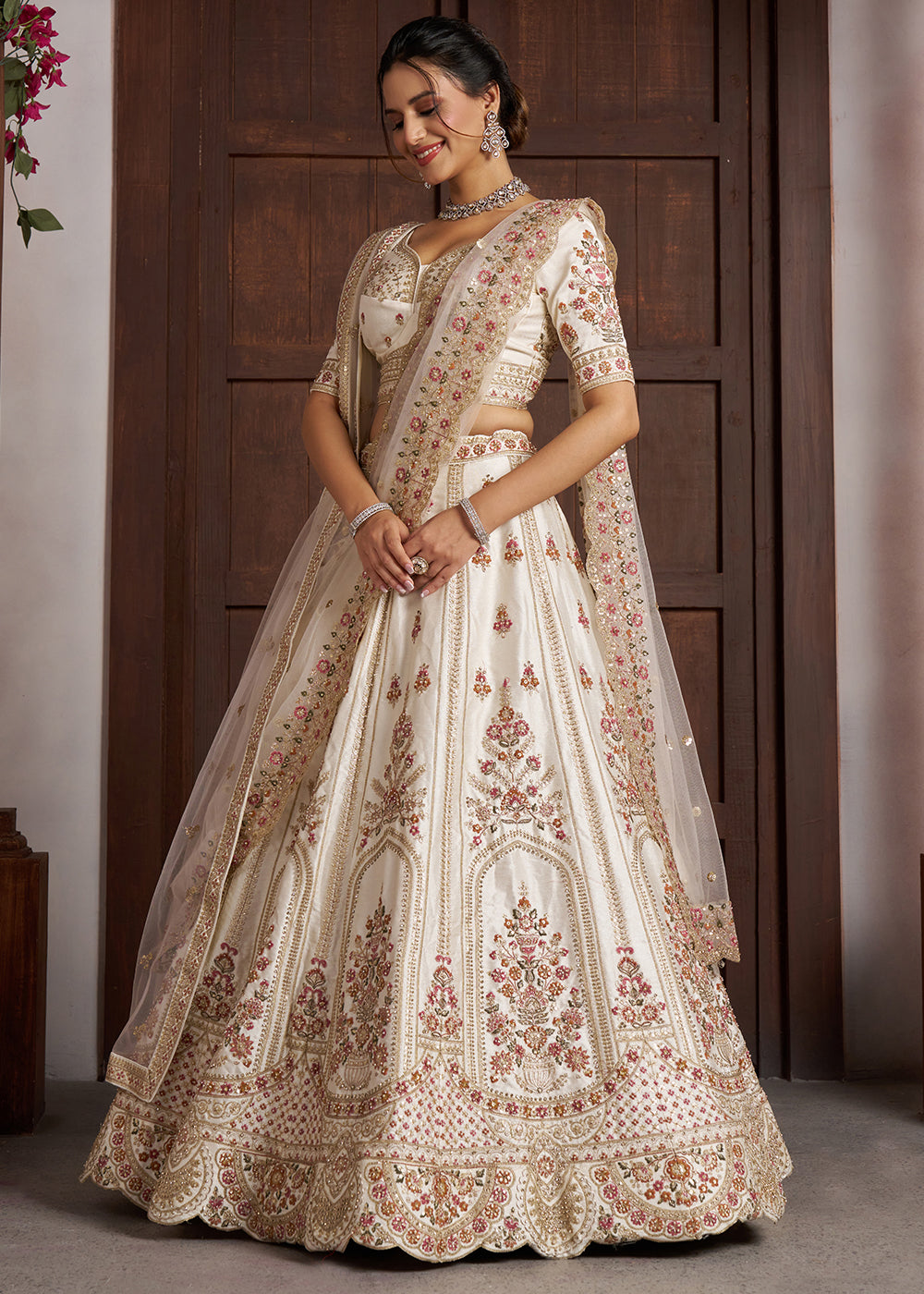 Cream White Banarasi Silk Lehenga Choli with Exquisite Zari & Sequin Embroidery