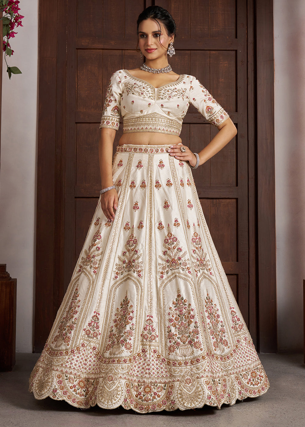 Cream Silk Bridal Lehenga with Double Dupatta