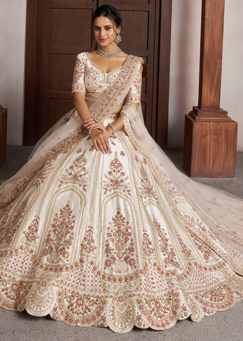 Cream Silk Bridal Lehenga with Double Dupatta