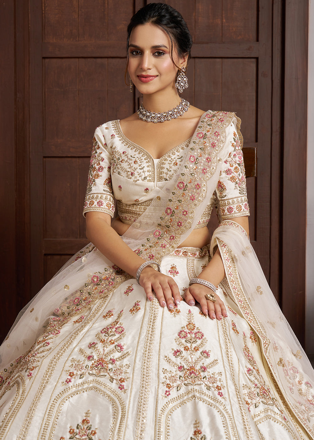 Cream White Banarasi Silk Lehenga Choli with Exquisite Zari & Sequin Embroidery