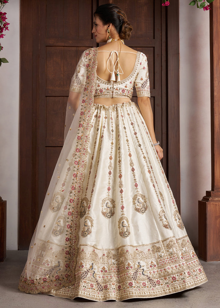 White Silk Lehenga with Peacock Motif Embroidery