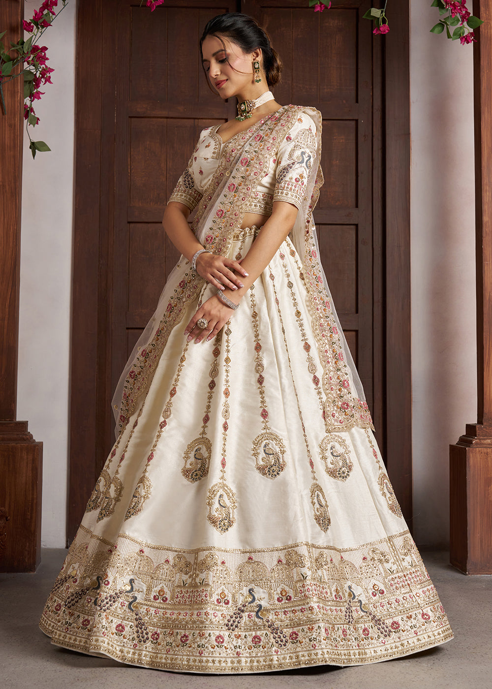 White Silk Lehenga with Peacock Motif Embroidery