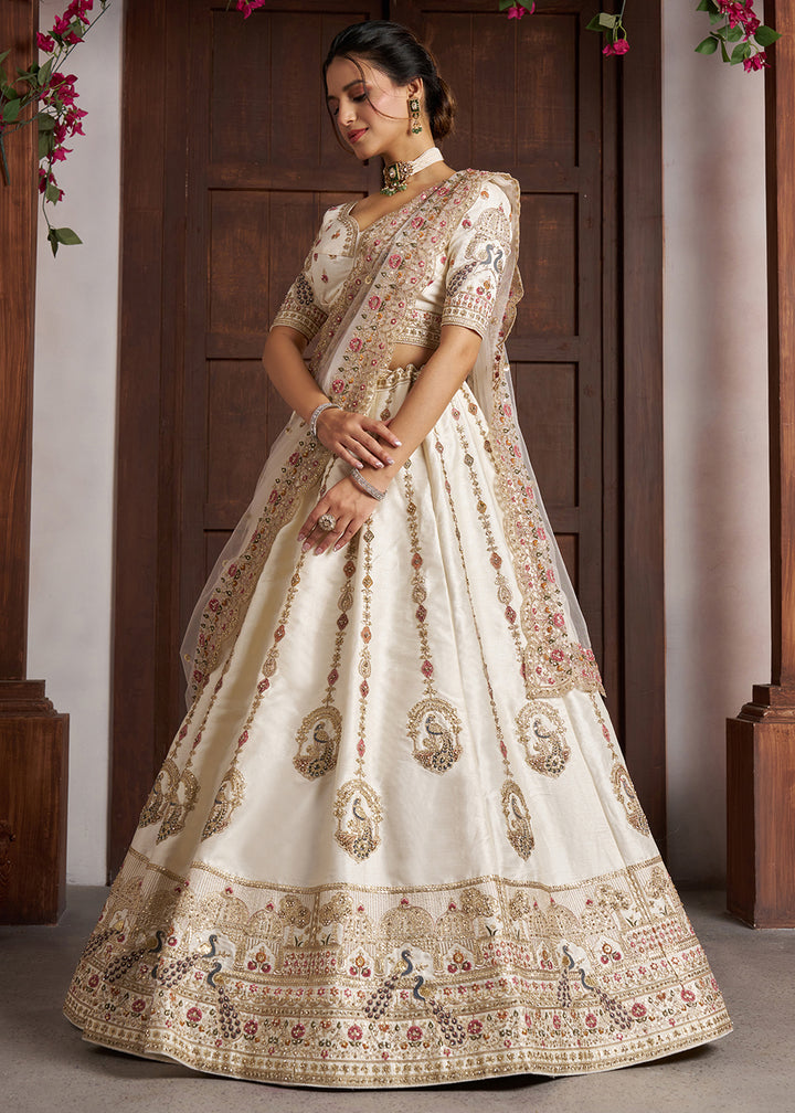 White Silk Lehenga with Peacock Motif Embroidery