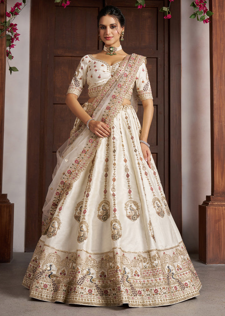 White Silk Lehenga with Peacock Motif Embroidery