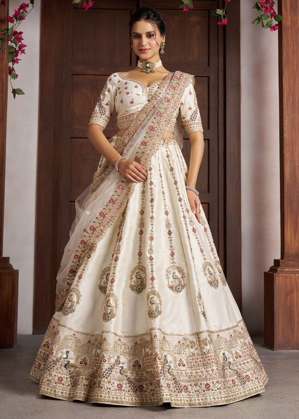 Pearl White Banarasi Silk Lehenga Choli with Intricate Peacock Motifs & Embroidery work