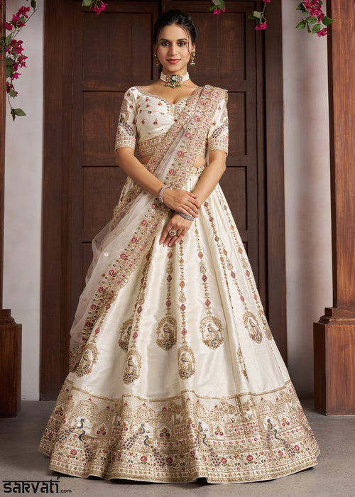 White Silk Lehenga with Peacock Motif Embroidery