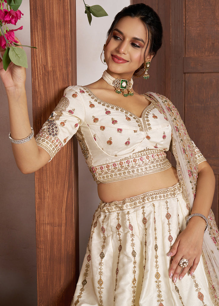 Pearl White Banarasi Silk Lehenga Choli with Intricate Peacock Motifs & Embroidery work