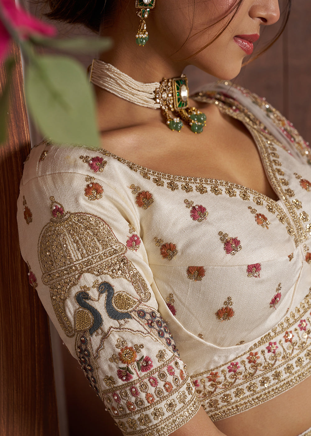 Pearl White Banarasi Silk Lehenga Choli with Intricate Peacock Motifs & Embroidery work