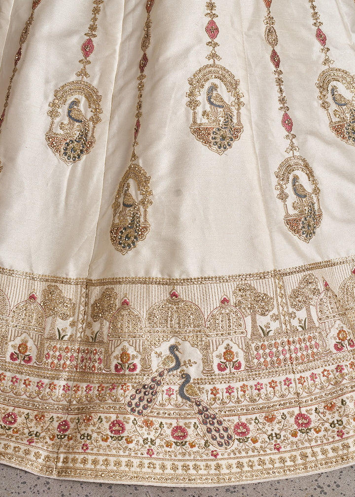 White Silk Lehenga with Peacock Motif Embroidery