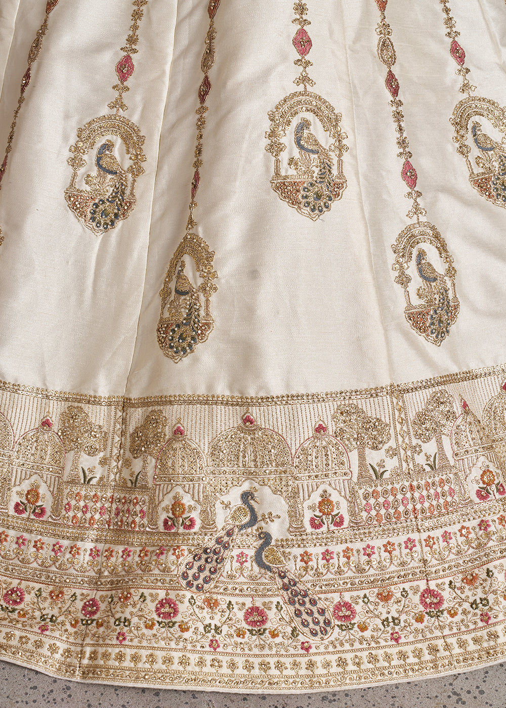 Pearl White Banarasi Silk Lehenga Choli with Intricate Peacock Motifs & Embroidery work