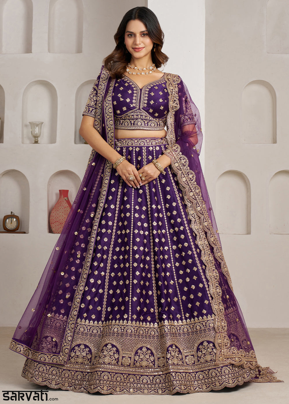 Eggplant Purple Banarasi Silk Lehenga Choli with Heritage Zari & Sequin Embroidery