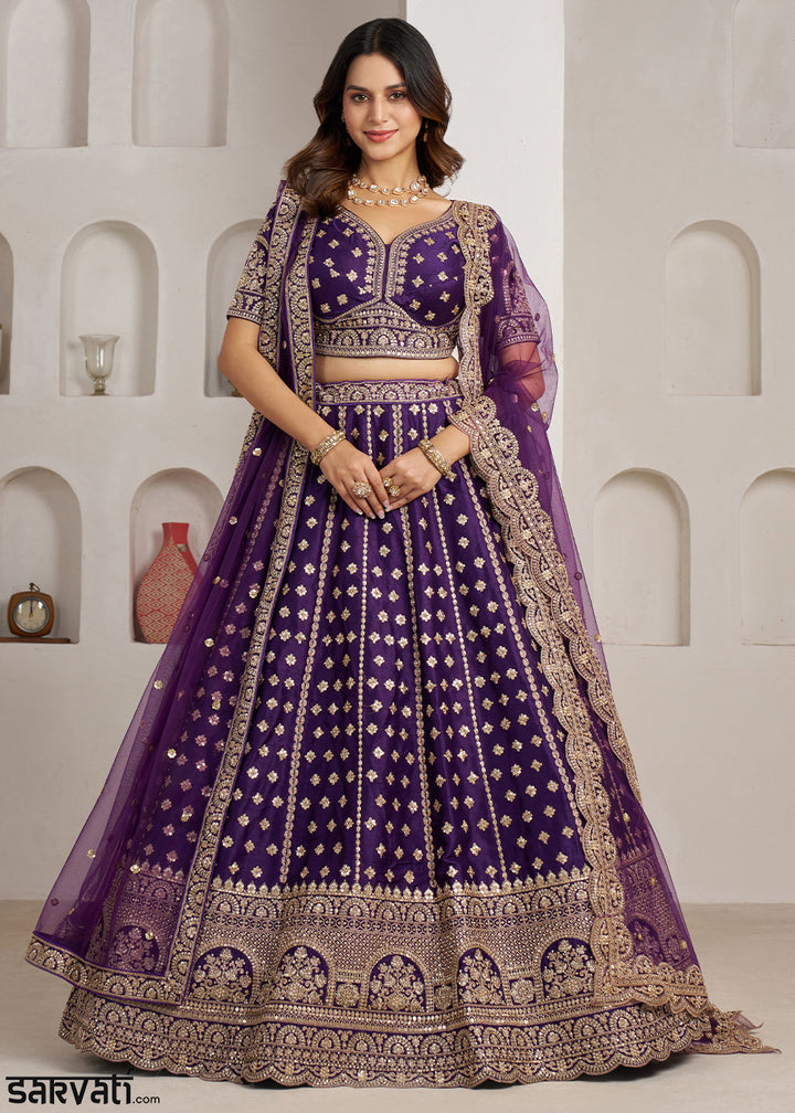 Eggplant Purple Banarasi Silk Lehenga Choli with Heritage Zari & Sequin Embroidery