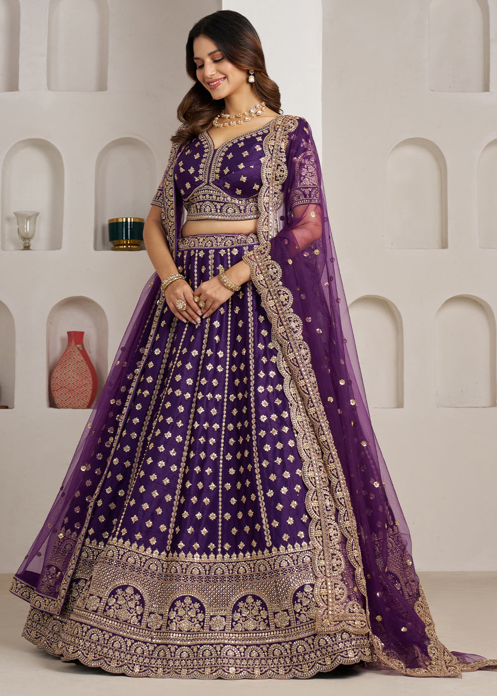 Eggplant Purple Banarasi Silk Lehenga Choli with Heritage Zari & Sequin Embroidery