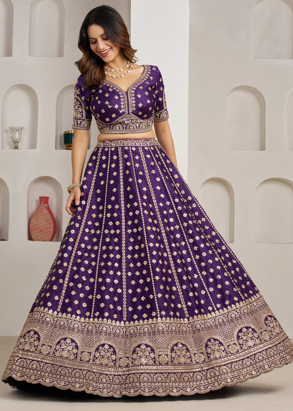 Eggplant Purple Banarasi Silk Lehenga Choli with Heritage Zari & Sequin Embroidery