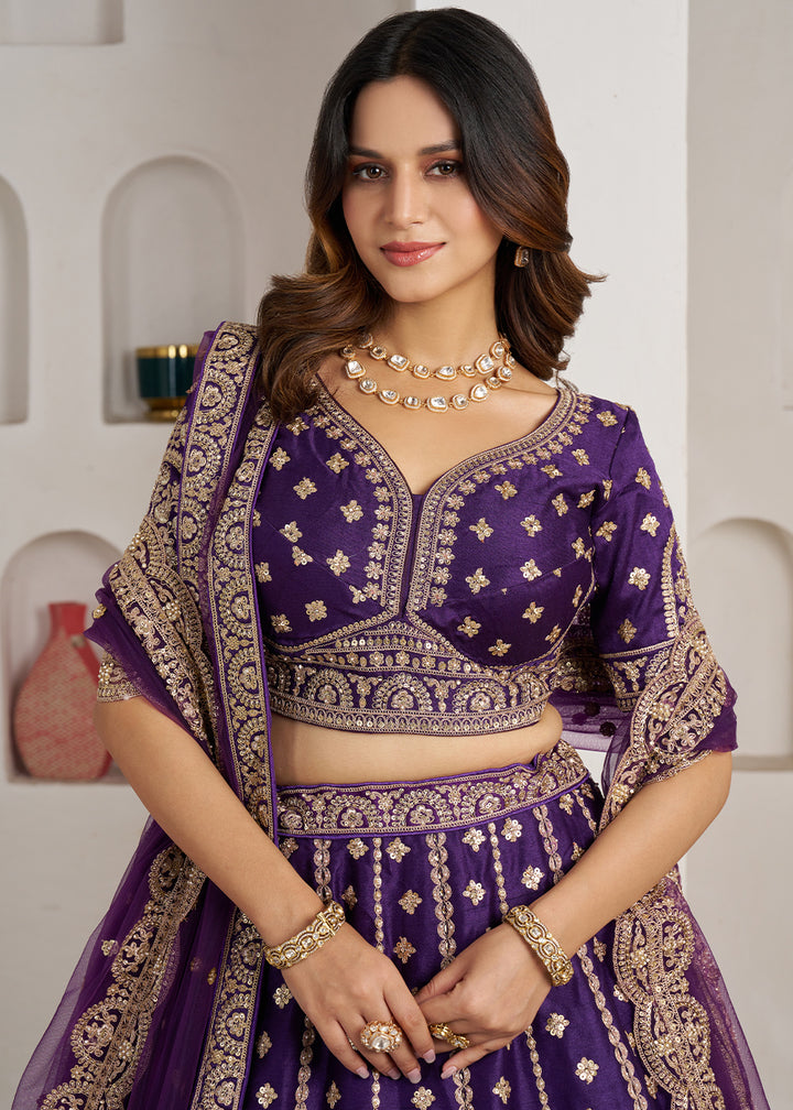 Eggplant Purple Banarasi Silk Lehenga Choli with Heritage Zari & Sequin Embroidery