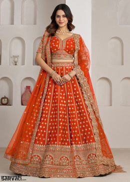 Vivid Orange Banarasi Silk Lehenga Choli with Heritage Zari & Sequin Embroidery