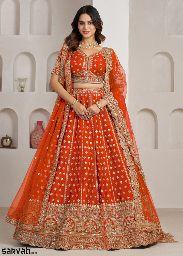 Vivid Orange Banarasi Silk Lehenga Choli with Heritage Zari & Sequin Embroidery