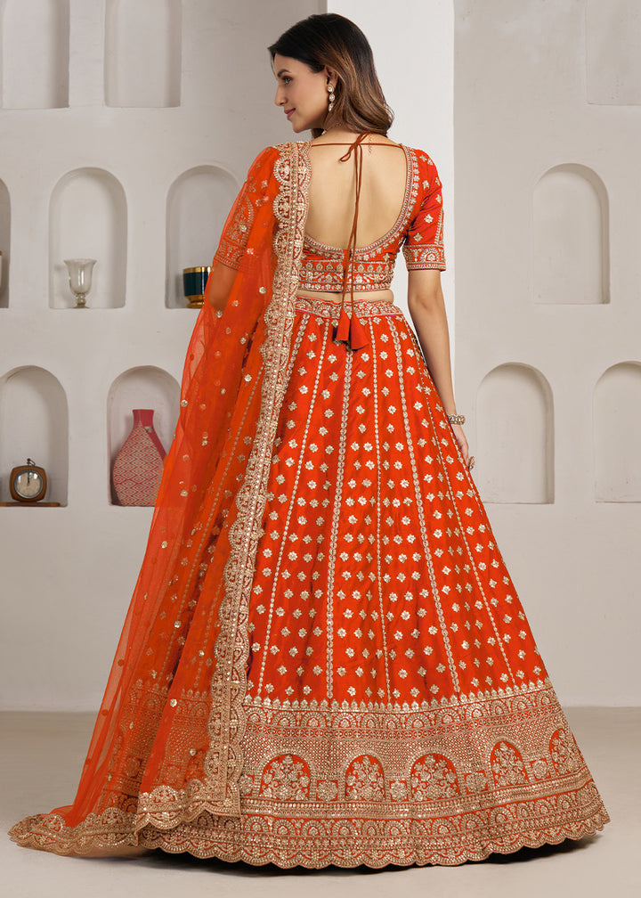 Vivid Orange Banarasi Silk Lehenga Choli with Heritage Zari & Sequin Embroidery
