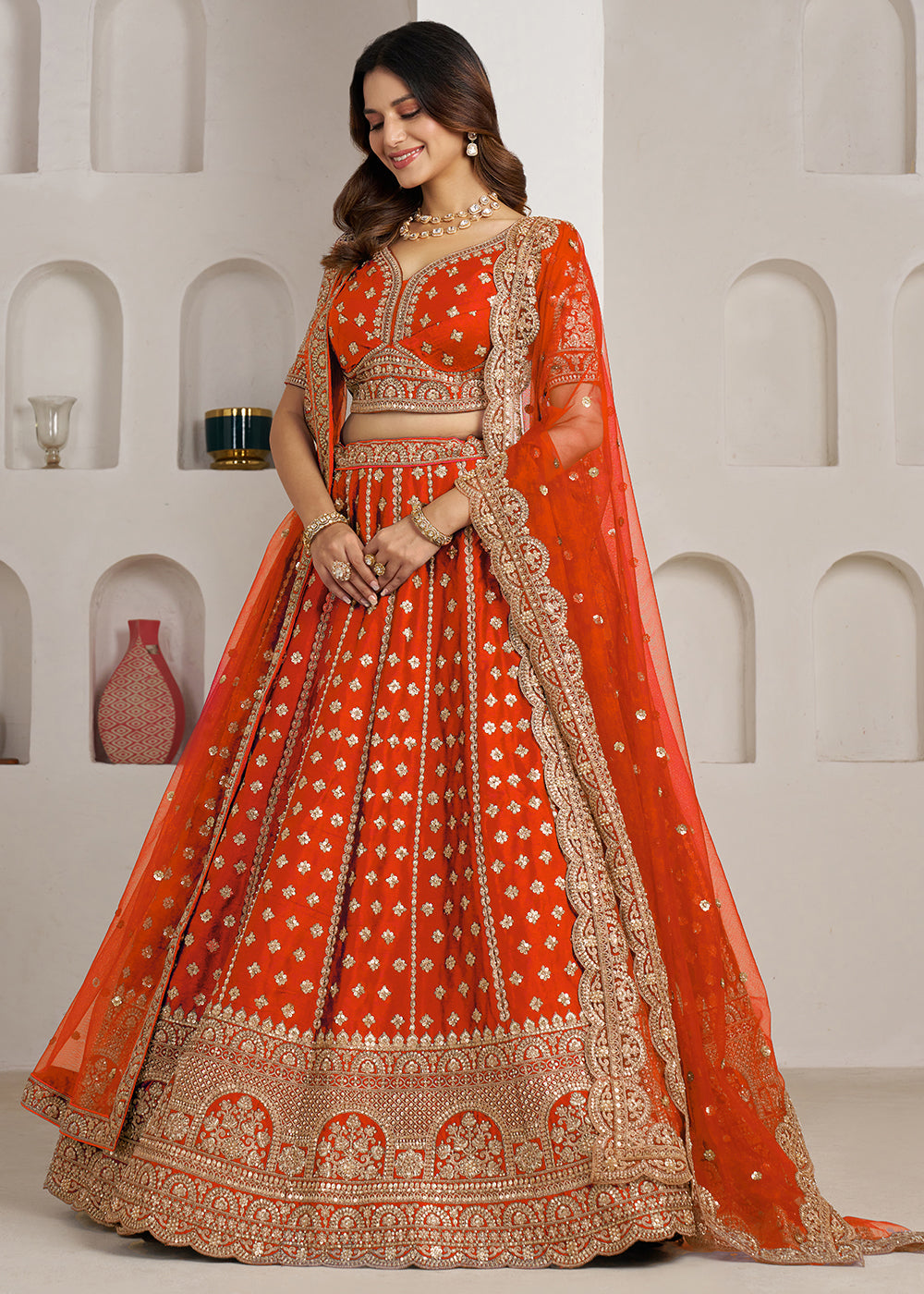 Vivid Orange Banarasi Silk Lehenga Choli with Heritage Zari & Sequin Embroidery