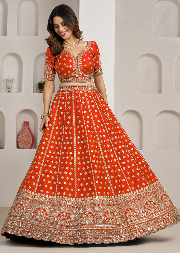 Vivid Orange Banarasi Silk Lehenga Choli with Heritage Zari & Sequin Embroidery