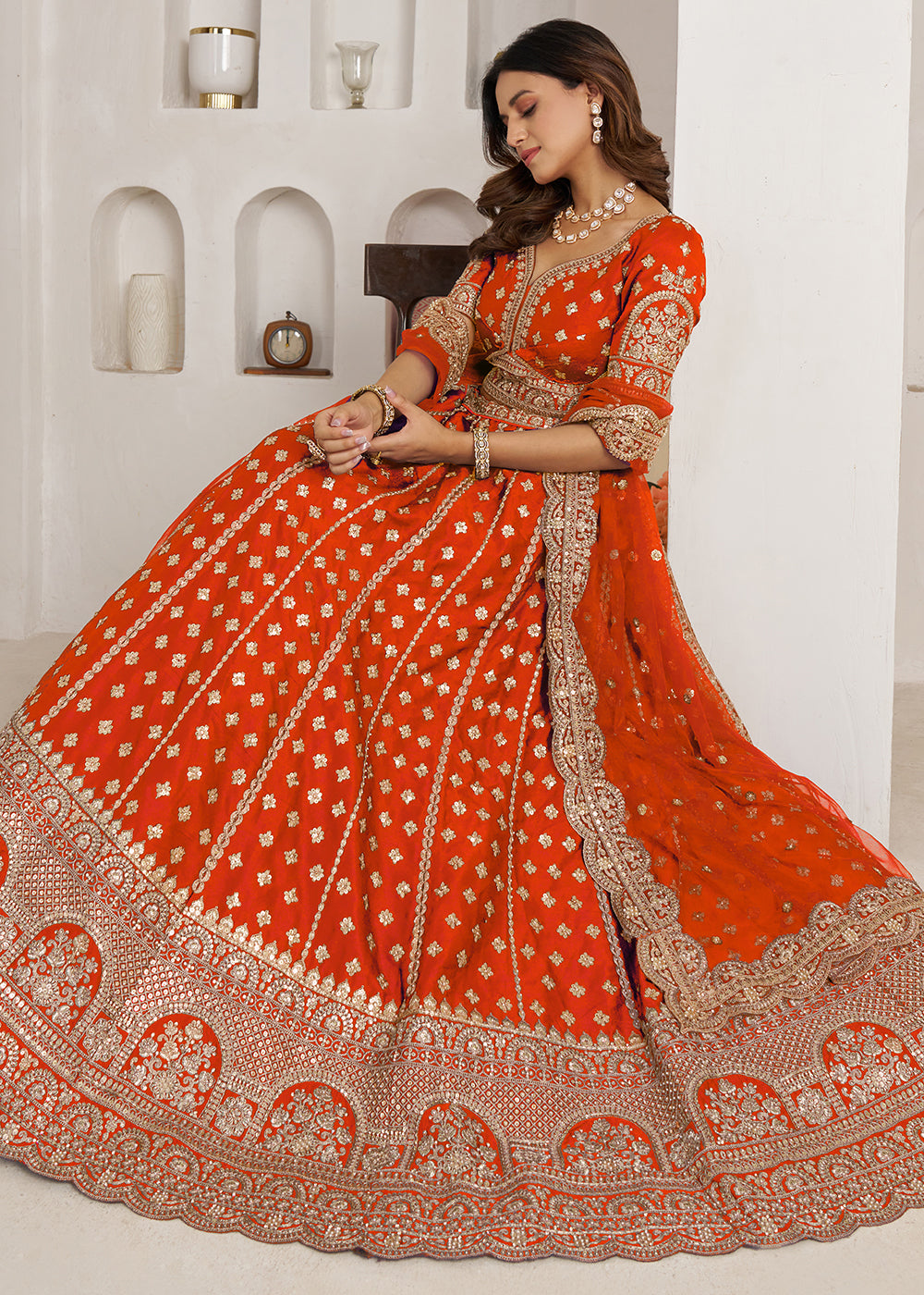 Vivid Orange Banarasi Silk Lehenga Choli with Heritage Zari & Sequin Embroidery