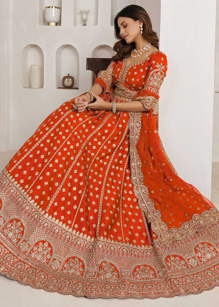 Vivid Orange Banarasi Silk Lehenga Choli with Heritage Zari & Sequin Embroidery