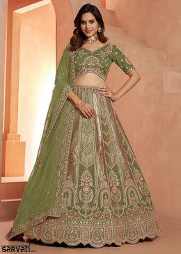 Shrek Green Banarasi Silk Lehenga Choli with Heirloom Handcrafted Embroidery