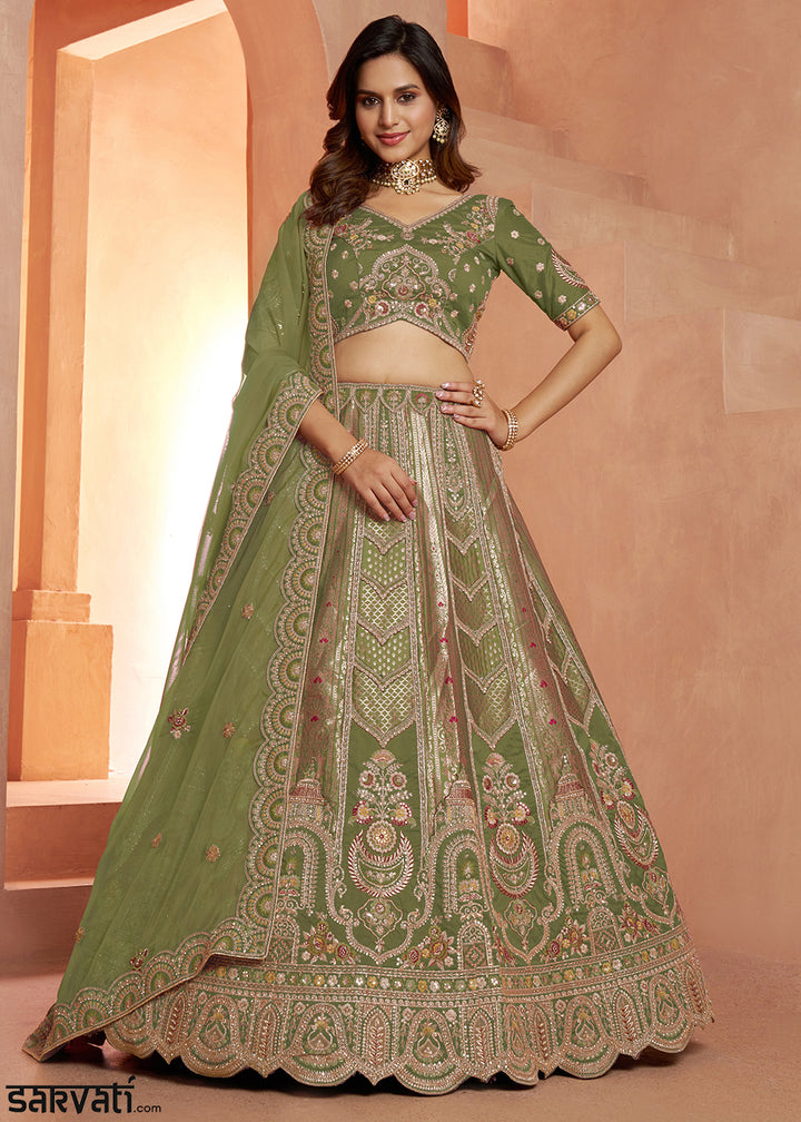Shrek Green Banarasi Silk Lehenga Choli with Heirloom Handcrafted Embroidery