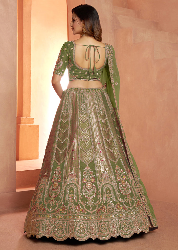 Shrek Green Banarasi Silk Lehenga Choli with Heirloom Handcrafted Embroidery