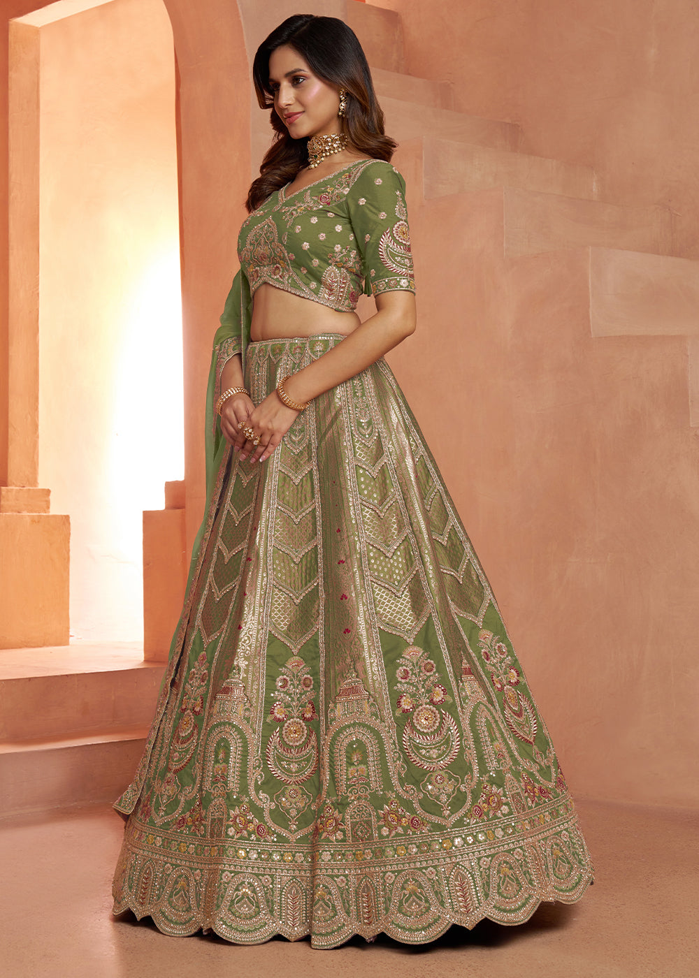 Shrek Green Banarasi Silk Lehenga Choli with Heirloom Handcrafted Embroidery