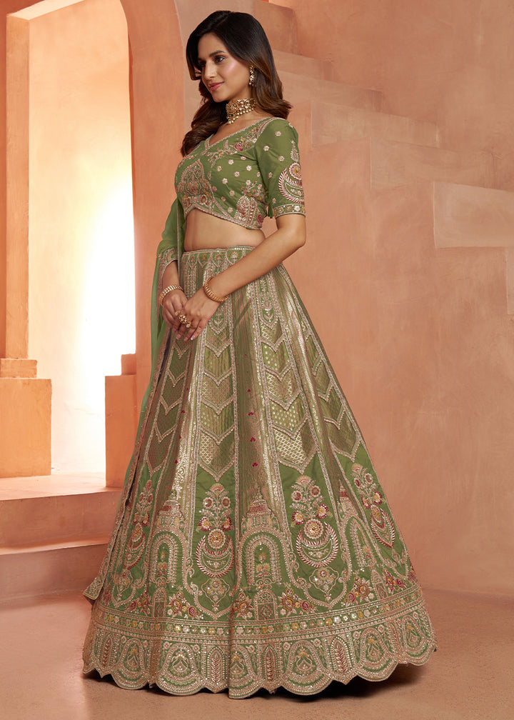 Shrek Green Banarasi Silk Lehenga Choli with Heirloom Handcrafted Embroidery