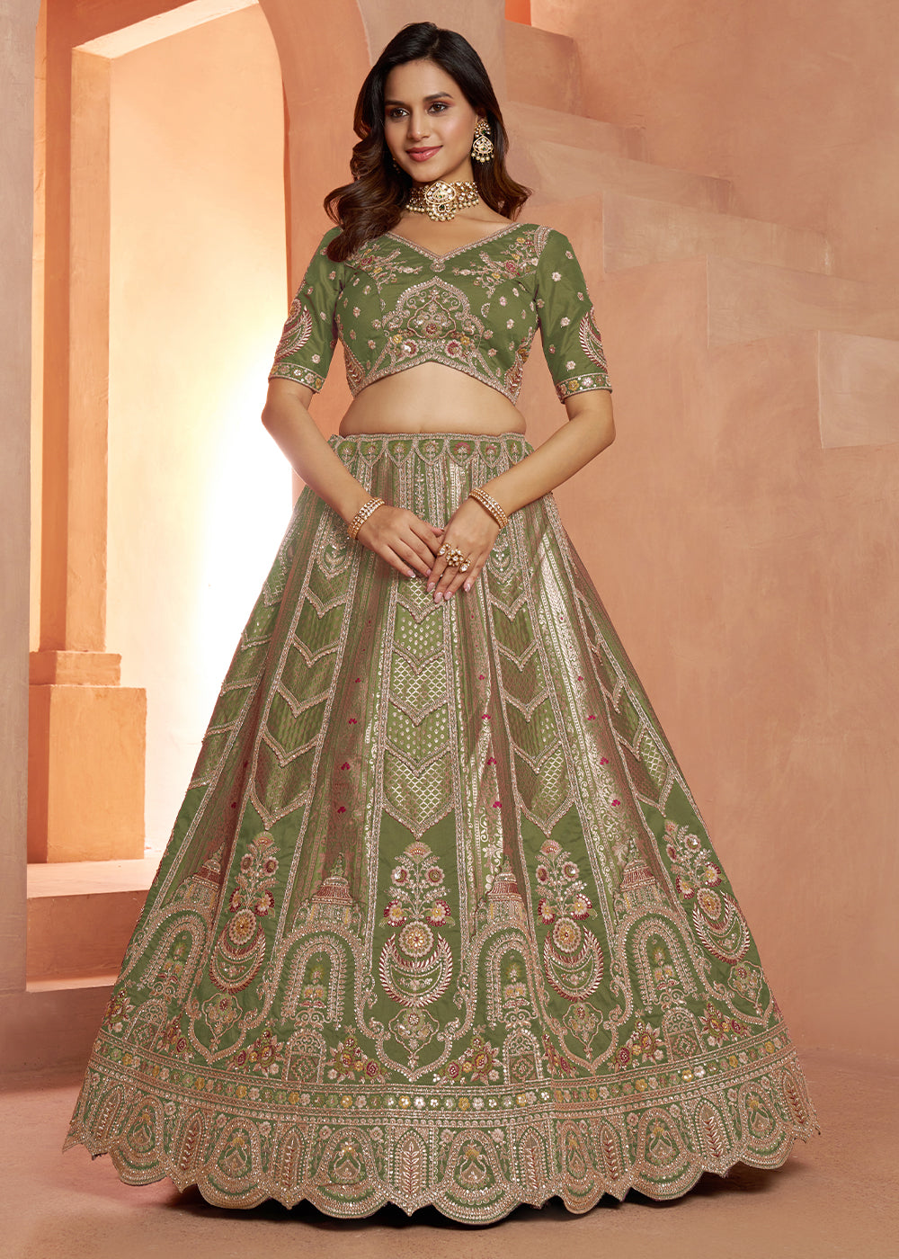 Shrek Green Banarasi Silk Lehenga Choli with Heirloom Handcrafted Embroidery