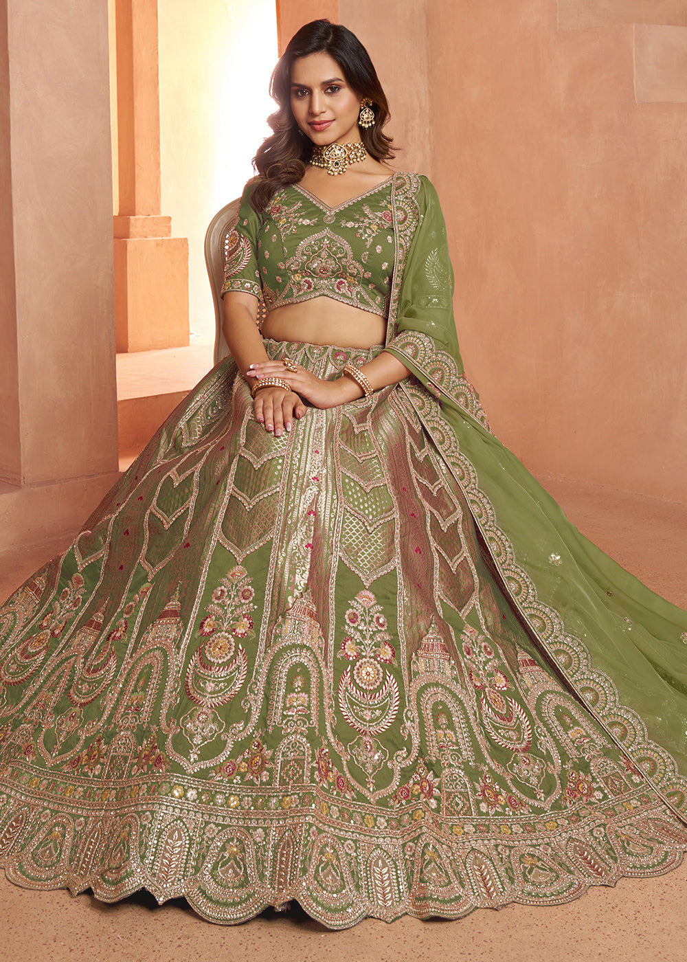 Shrek Green Banarasi Silk Lehenga Choli with Heirloom Handcrafted Embroidery