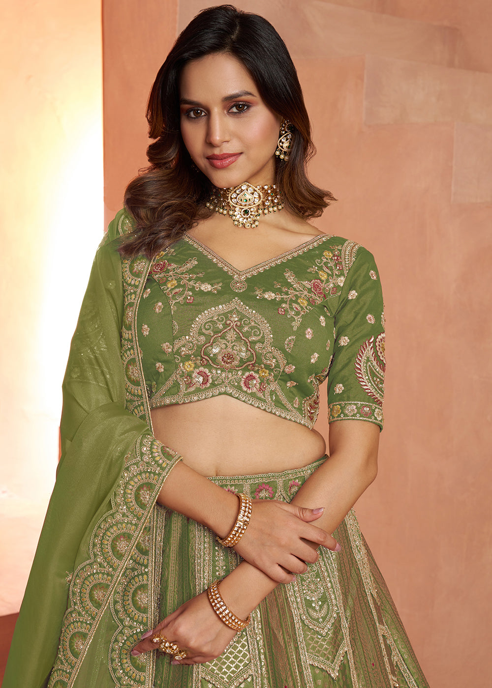 Shrek Green Banarasi Silk Lehenga Choli with Heirloom Handcrafted Embroidery