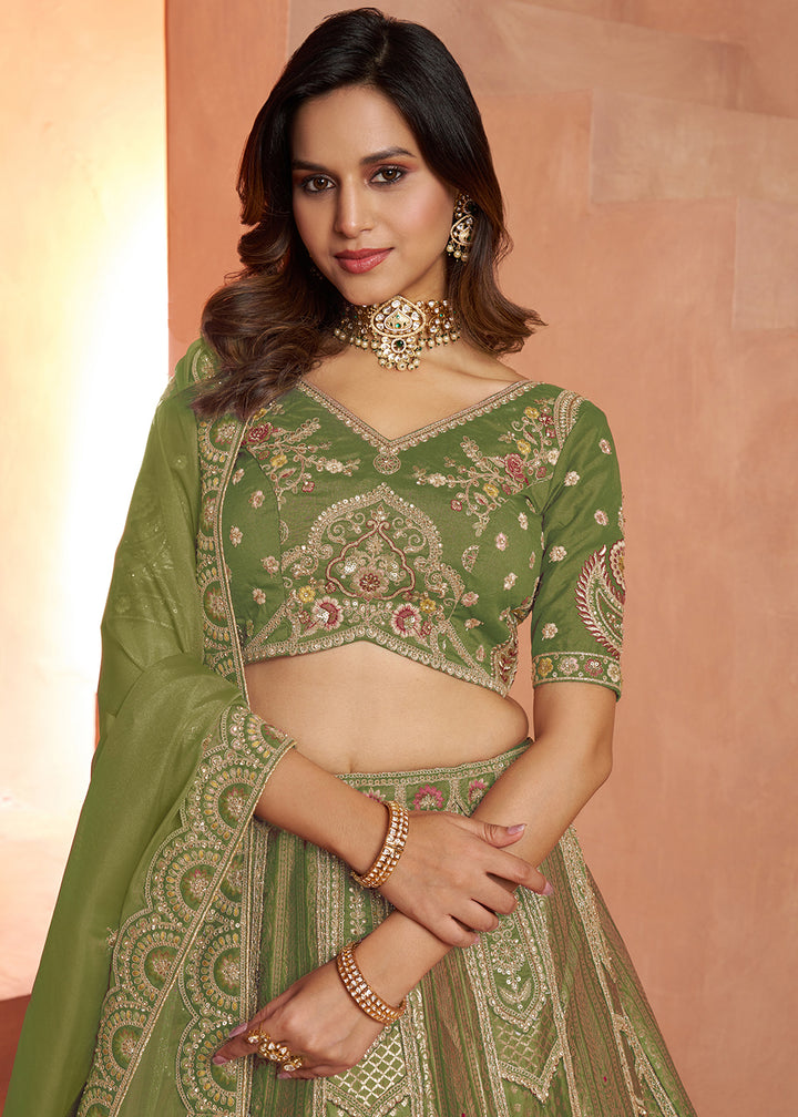 Shrek Green Banarasi Silk Lehenga Choli with Heirloom Handcrafted Embroidery