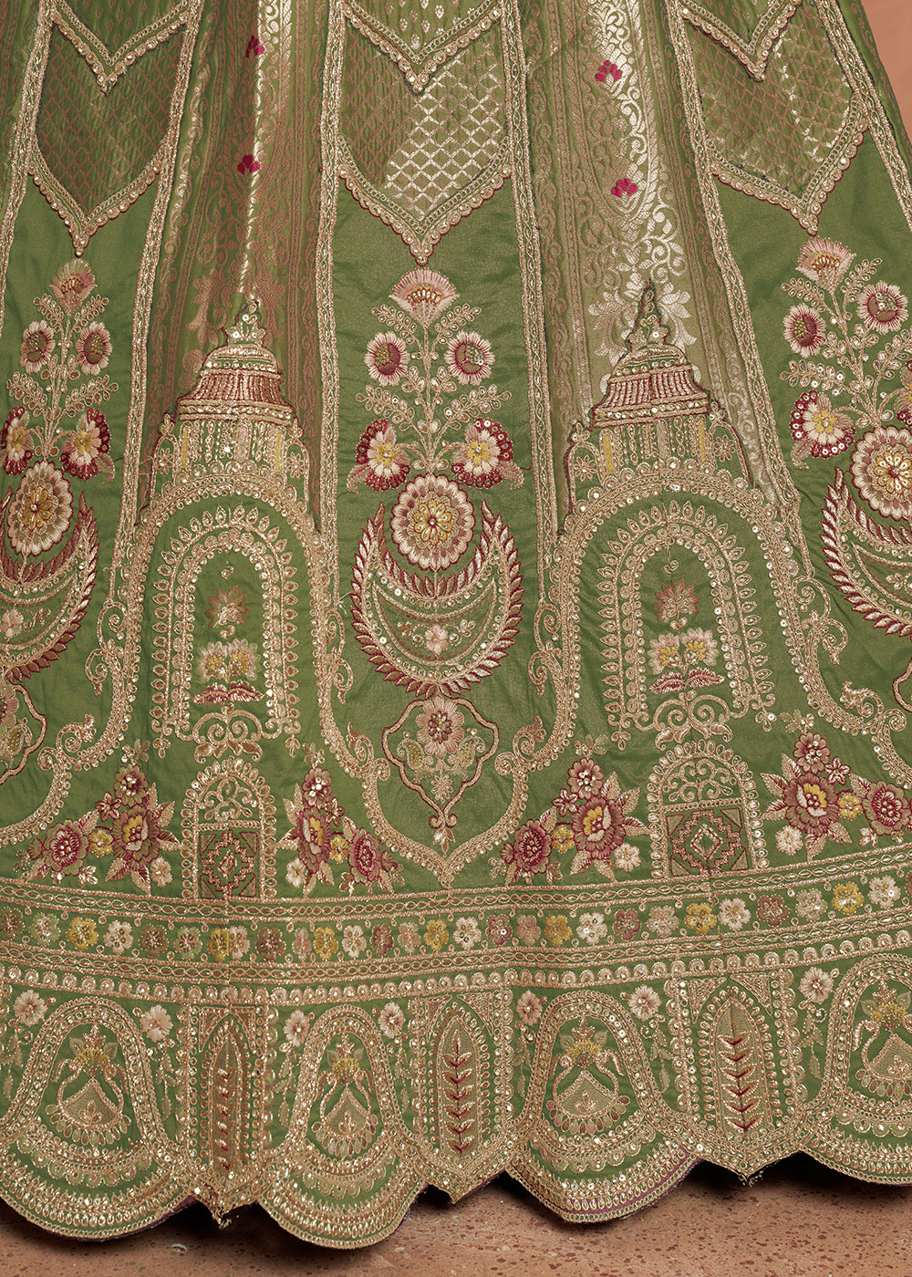 Shrek Green Banarasi Silk Lehenga Choli with Heirloom Handcrafted Embroidery
