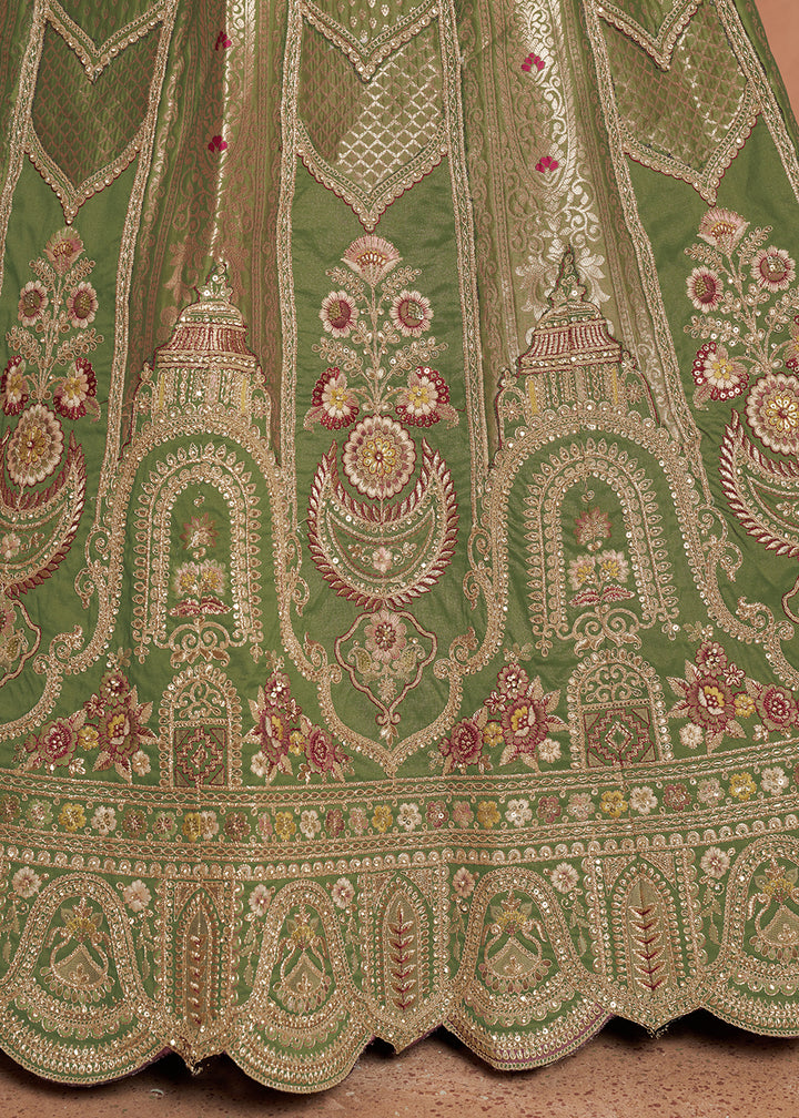 Shrek Green Banarasi Silk Lehenga Choli with Heirloom Handcrafted Embroidery